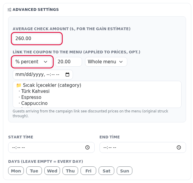 Advanced settings: average check, coupon discount, hours and days