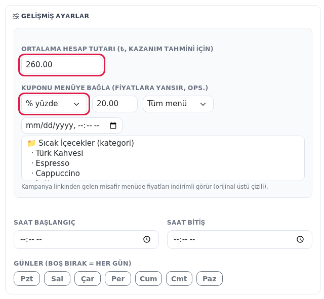 Gelişmiş ayarlar: ortalama hesap ve kupon indirimi