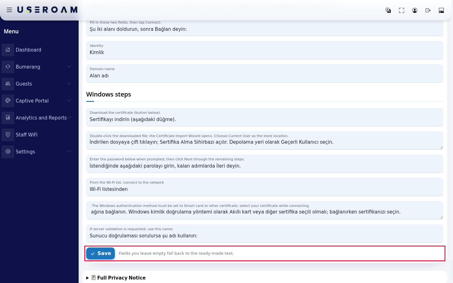 Save button and empty-field note