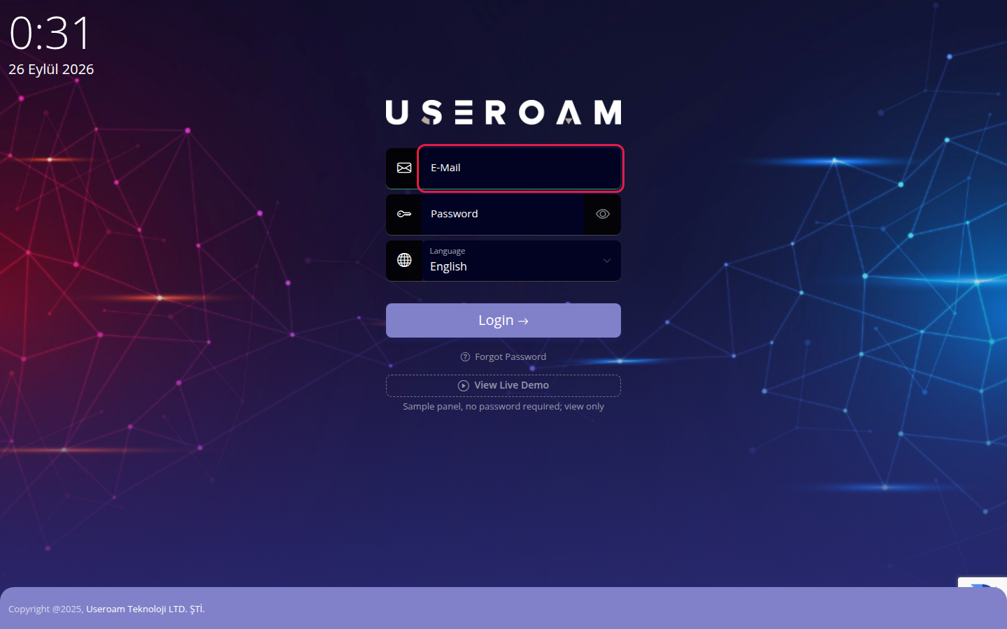 Sign-in screen, E-Mail box highlighted
