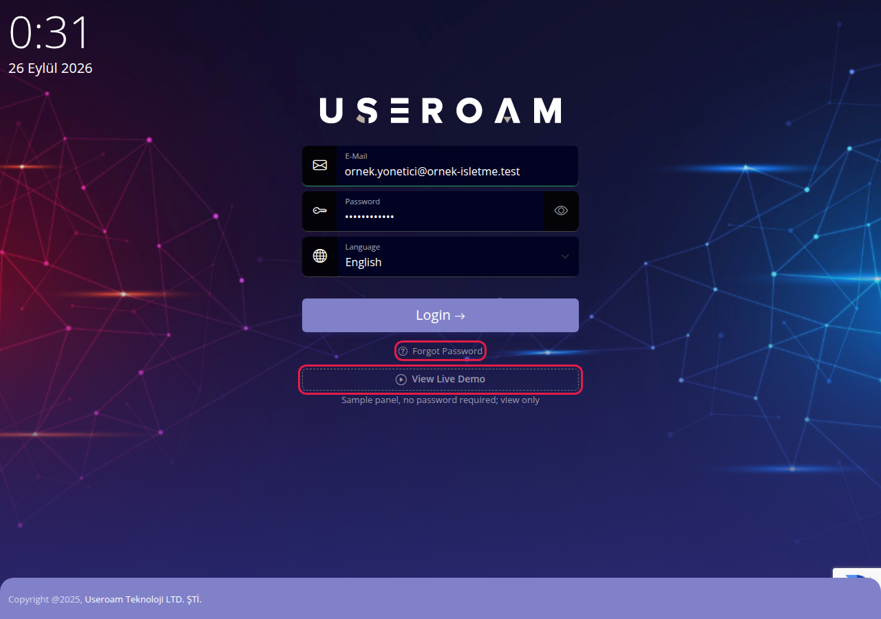 Forgot Password link and View Live Demo button