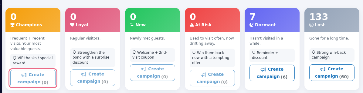 Segment cards and Create campaign buttons