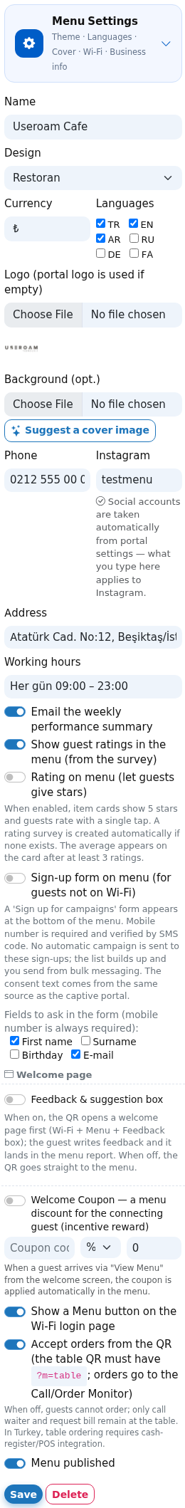 Menu Settings
