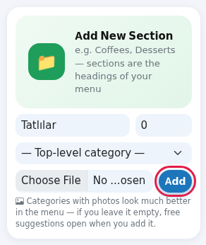 Add New Section card