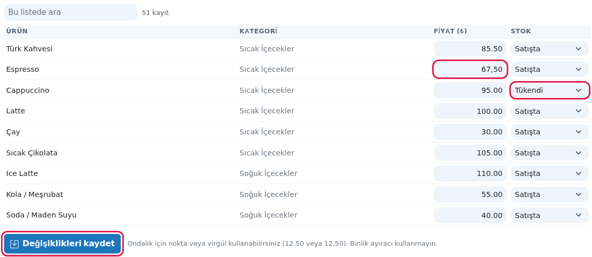 Fiyat ve stok güncelleme tablosu