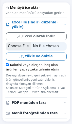 Menüyü içe aktar kartı
