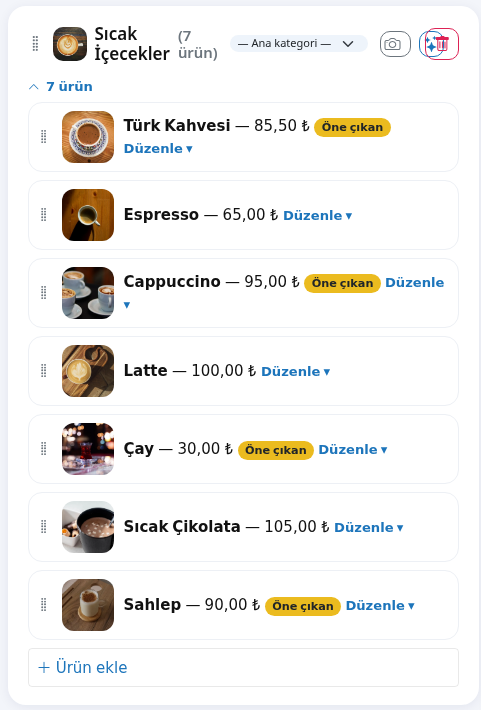 Bölüm kartı ve ürün listesi