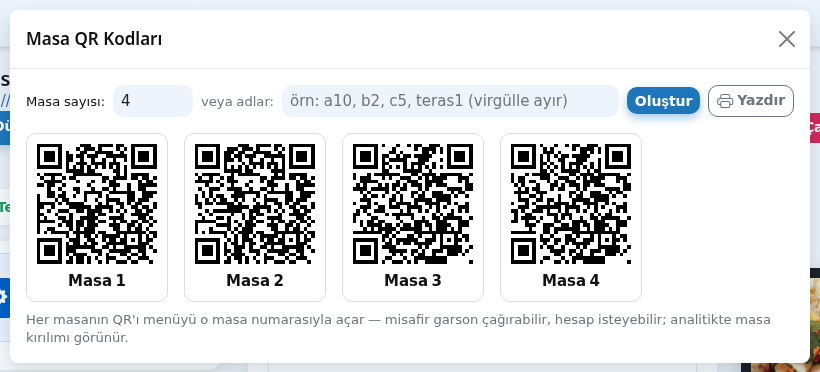 Masa QR kodları penceresi