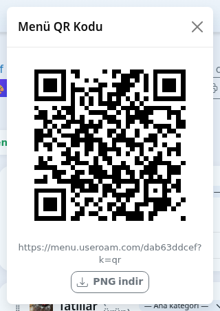 Menü QR Kodu penceresi