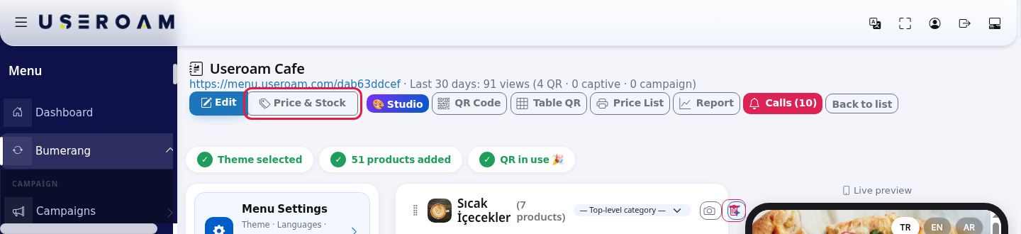 Top of the menu editor