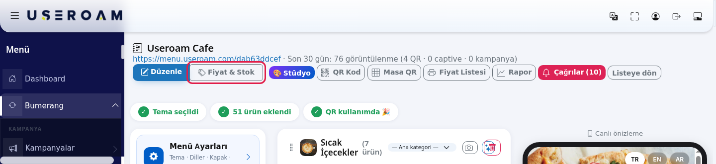 Menü düzenleyicinin üst kısmı