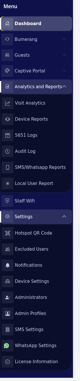Side menu, Analytics and Reports and Settings open