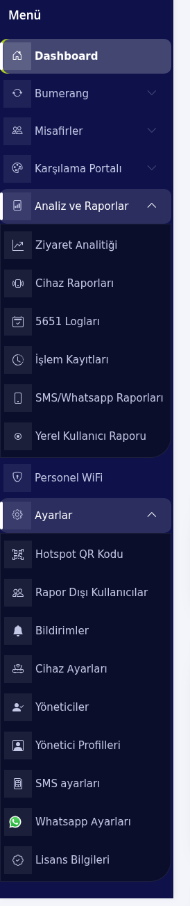 Sol menü, Analiz ve Raporlar ile Ayarlar açık
