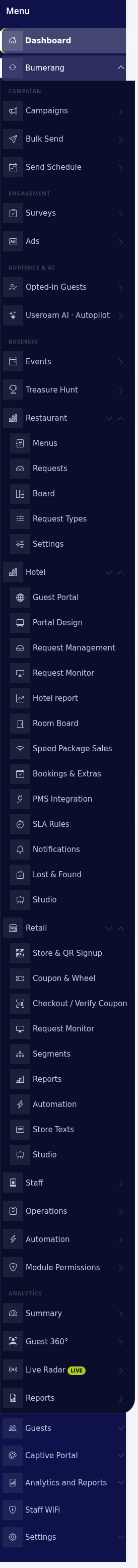 Side menu, Bumerang group open