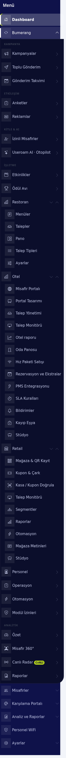 Sol menü, Bumerang grubu açık