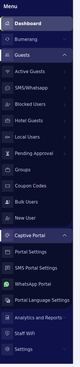 Side menu, Guests and Captive Portal open
