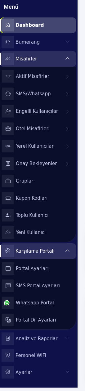 Sol menü, Misafirler ve Karşılama Portalı açık