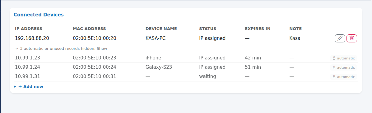 Connected Devices card with the automatic records opened