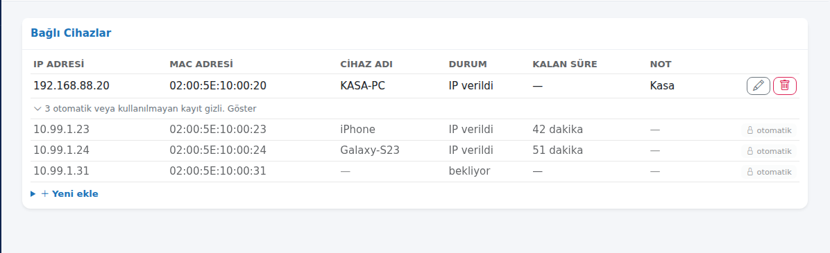 Bağlı Cihazlar kartı, açılmış otomatik kayıtlarla