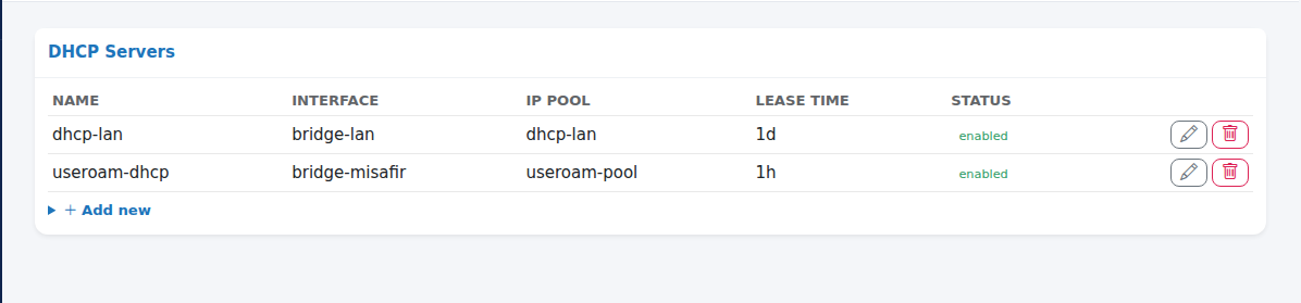 DHCP Servers card