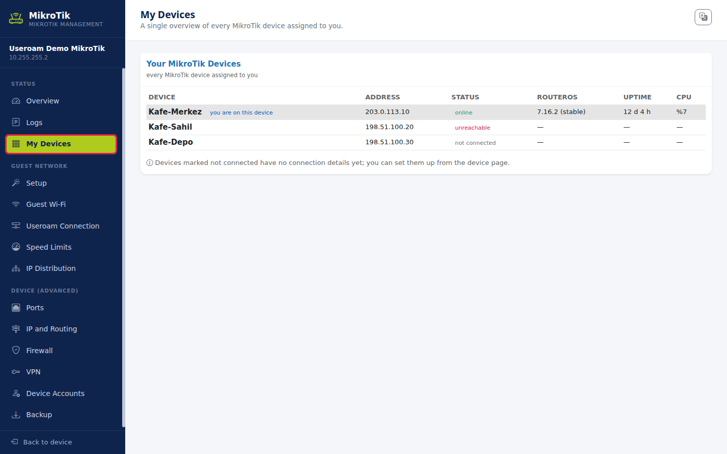 My Devices screen: Your MikroTik Devices list