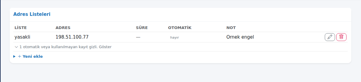 Adres Listeleri kartı