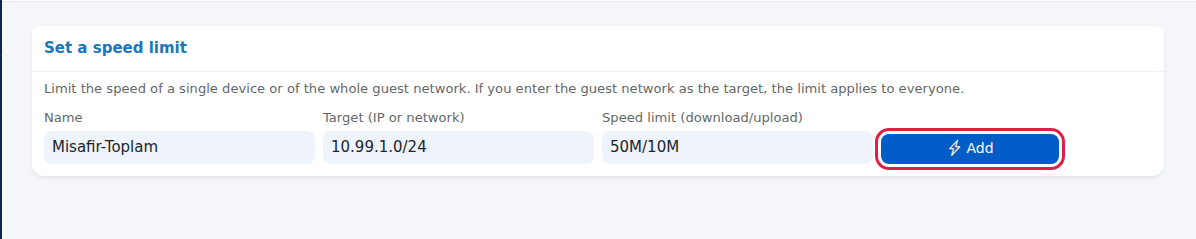 Set a speed limit card: Name, Target, Speed limit and Add