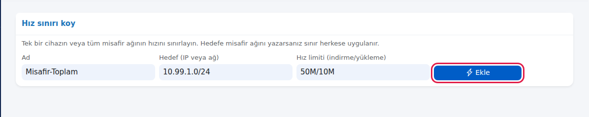 Hız sınırı koy kartı: Ad, Hedef, Hız limiti ve Ekle