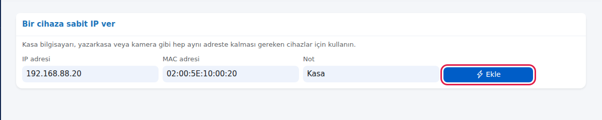 Bir cihaza sabit IP ver kartı ve Ekle düğmesi