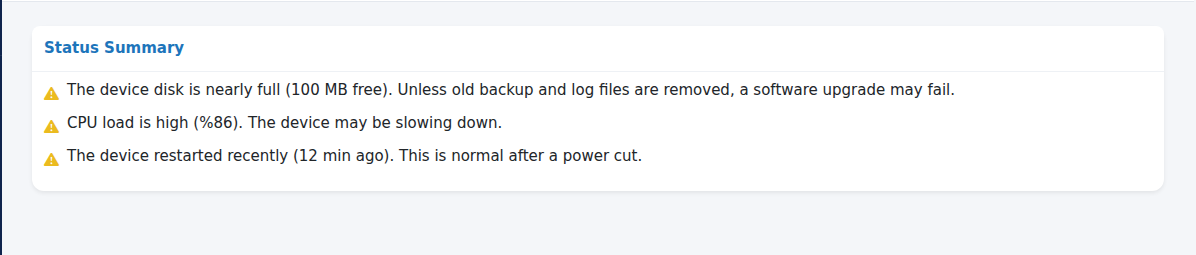 Disk, CPU and restart warnings in the Status Summary card