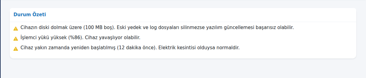 Durum Özeti kartında disk, işlemci ve yeniden başlama uyarıları
