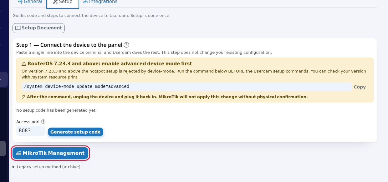 MikroTik Management button on the Device Settings Setup tab