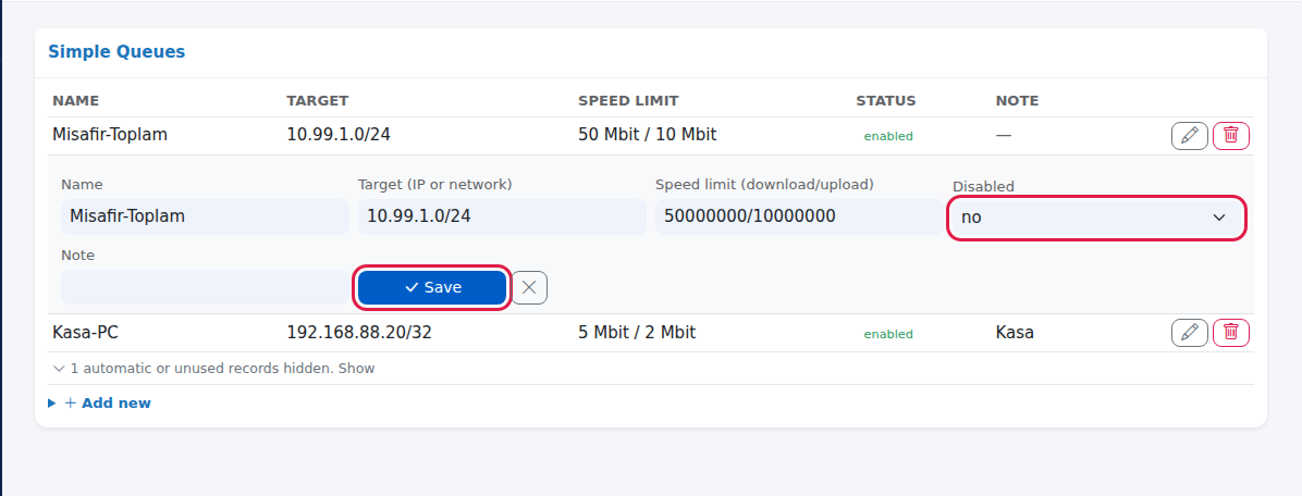 Edit form opened below a Simple Queues row, Disabled and Save