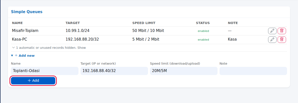 Add new form: Name, Target, Speed limit, Note and Add