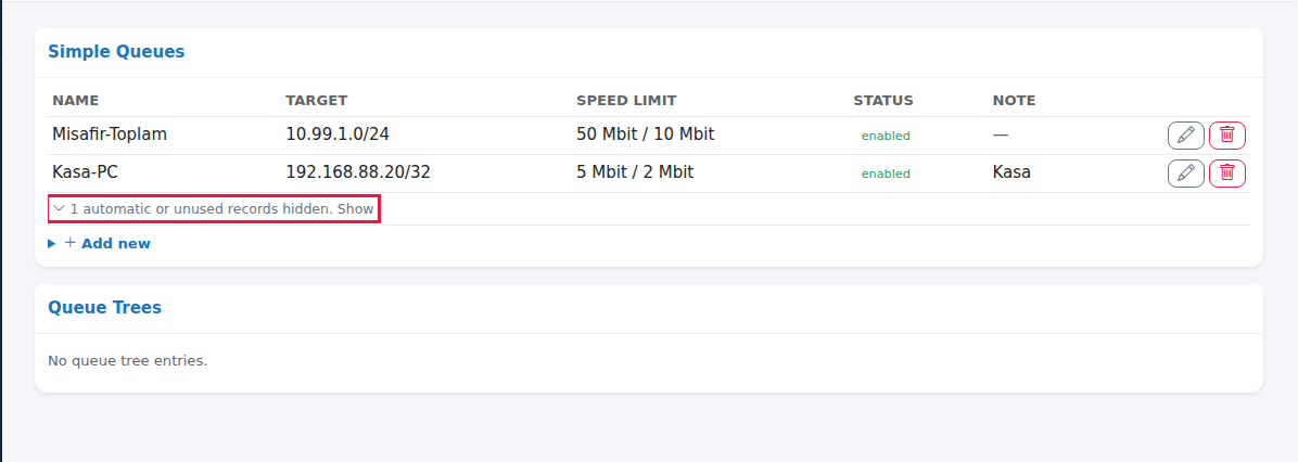 Simple Queues list, hidden automatic records link and Queue Trees card