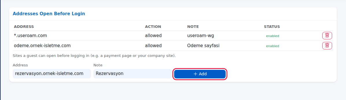 Addresses Open Before Login card and add form