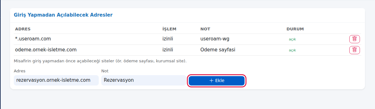 Giriş Yapmadan Açılabilecek Adresler kartı ve ekleme formu