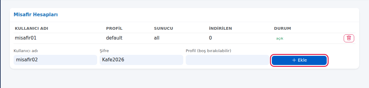 Misafir Hesapları kartı ve ekleme formu