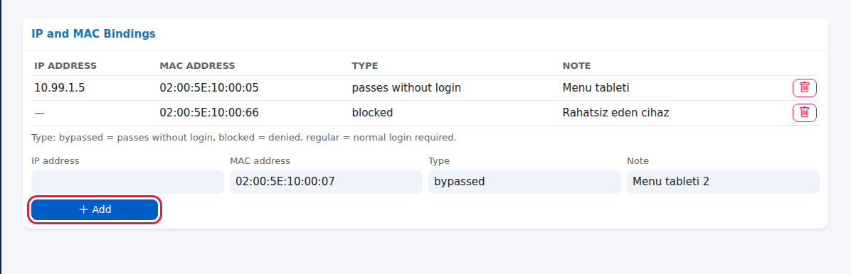 IP and MAC Bindings card and add form