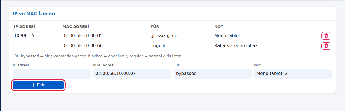 IP ve MAC İzinleri kartı ve ekleme formu