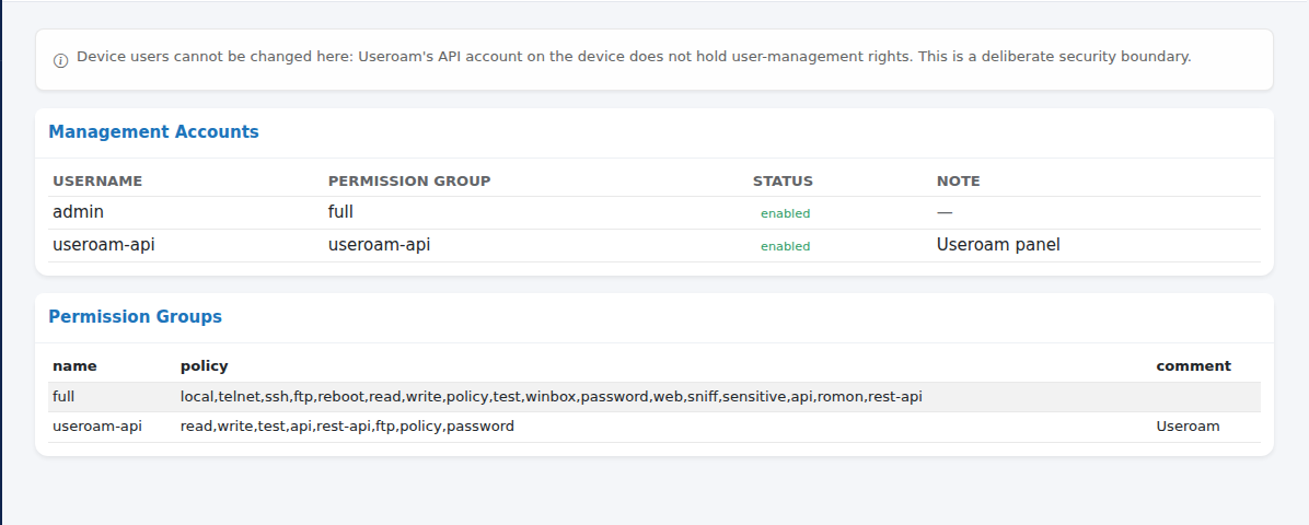 Device Accounts: info note, Management Accounts and Permission Groups