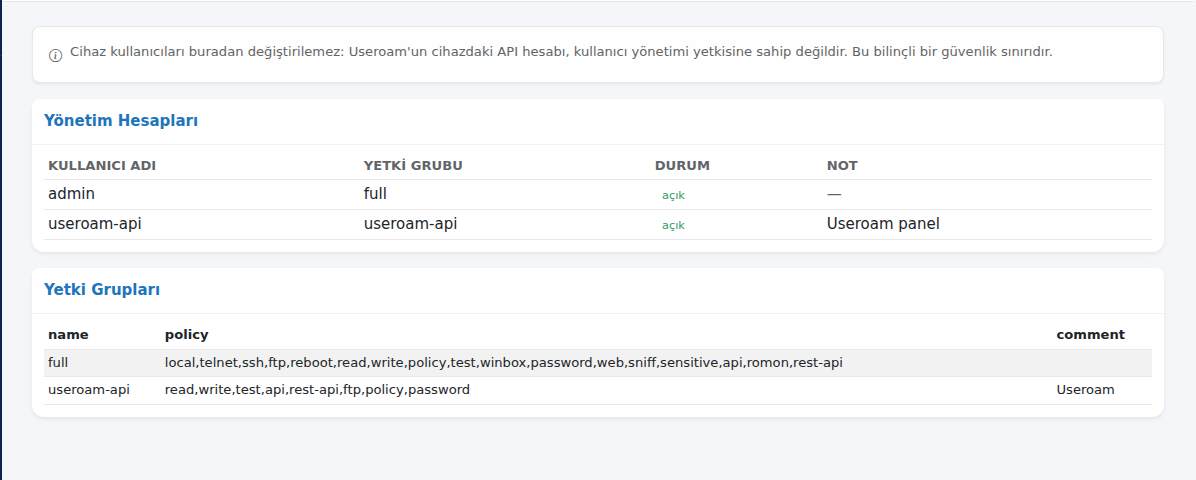 Cihaz Kullanıcıları bölümü: bilgi notu, Yönetim Hesapları ve Yetki Grupları