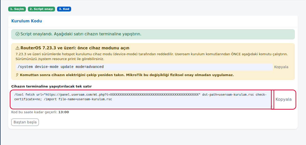 Kurulum Kodu kartında komut kutusu ve Kopyala düğmesi