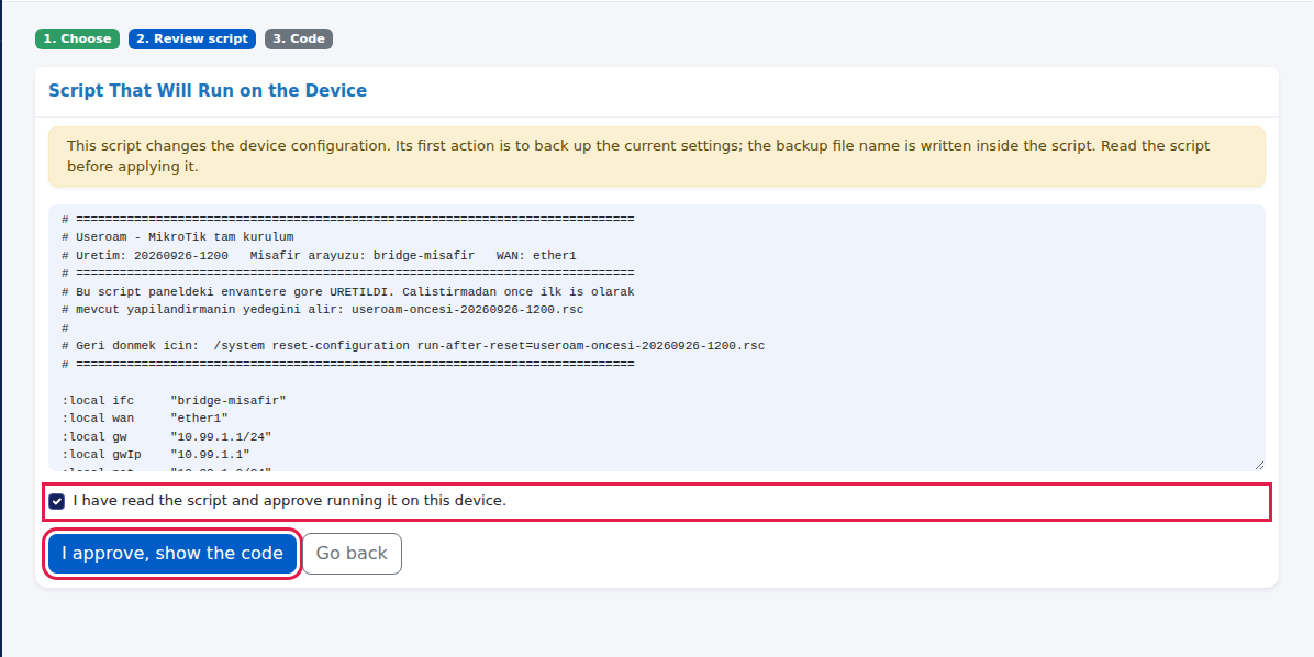 Script That Will Run on the Device card, approval box and I approve, show the code button