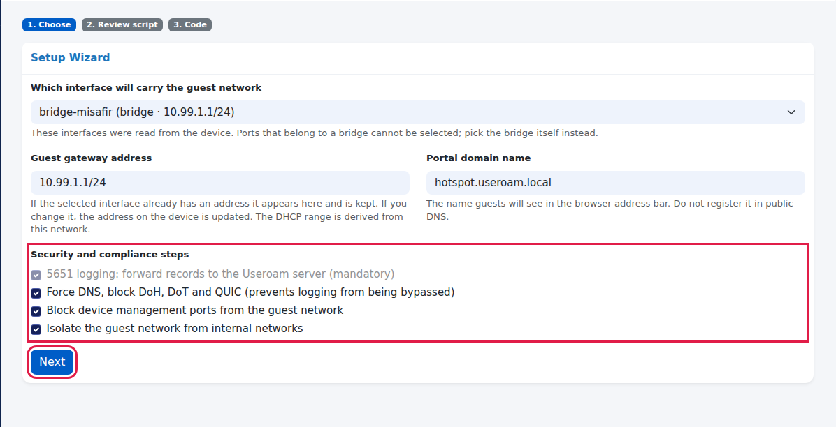 Security and compliance step boxes and the Next button