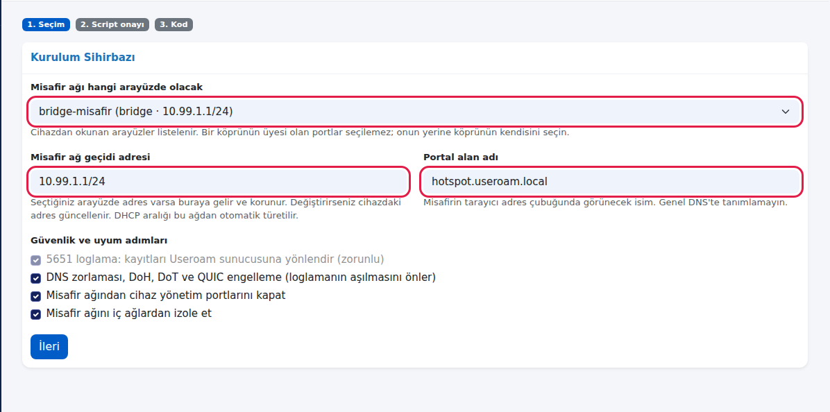 Misafir ağı hangi arayüzde olacak listesi, Misafir ağ geçidi adresi ve Portal alan adı