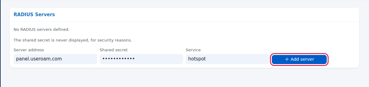 RADIUS Servers card with Server address, Shared secret, Service and Add server