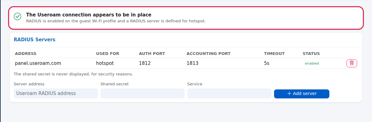 The Useroam connection appears to be in place, with the RADIUS server