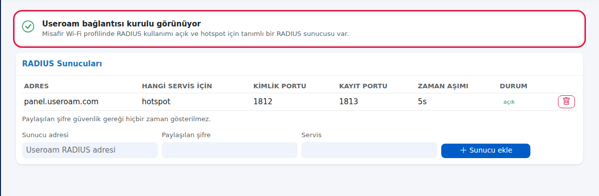 Useroam bağlantısı kurulu görünüyor ve RADIUS Sunucuları kartı