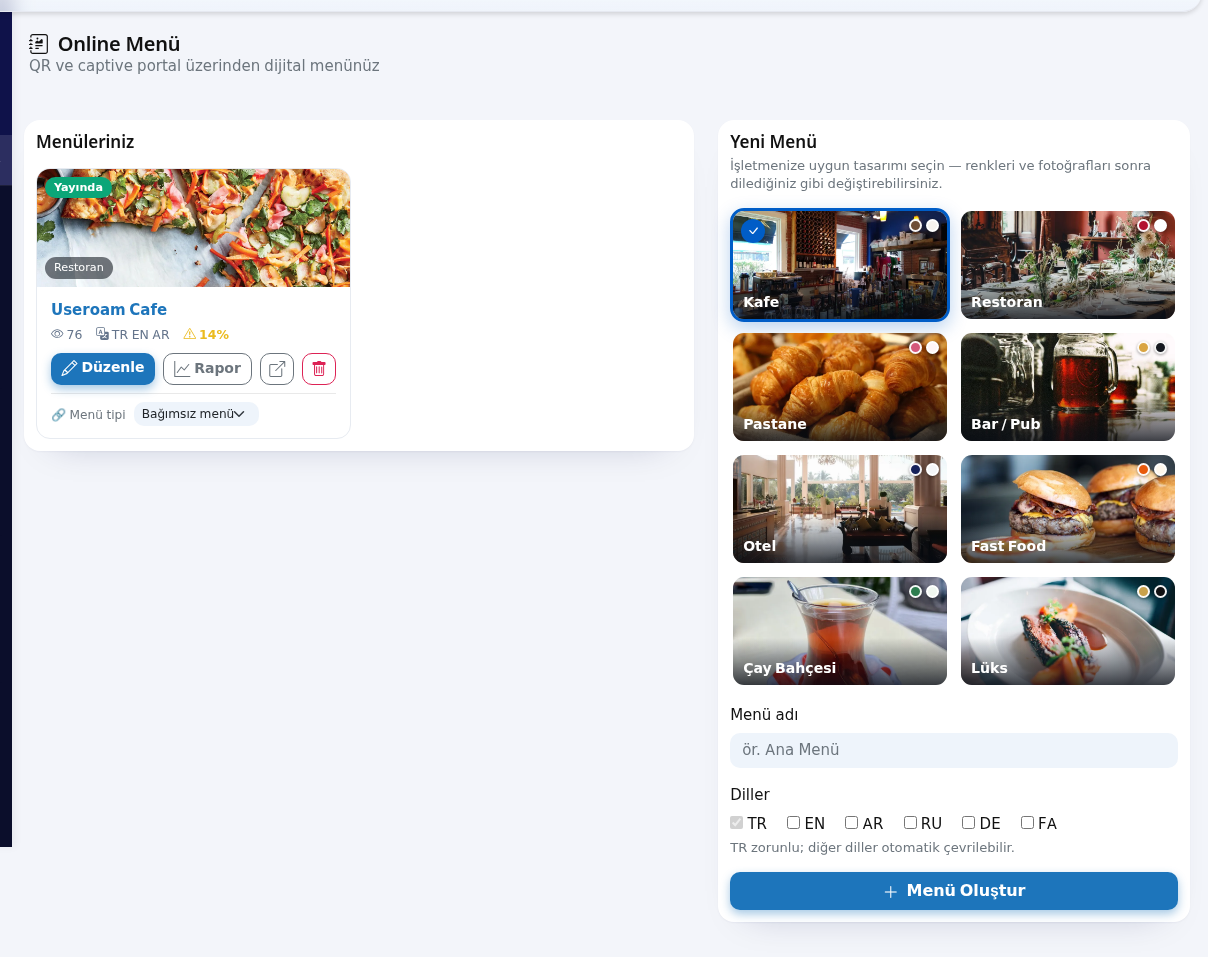 Online Menü ekranı: Menüleriniz ve Yeni Menü